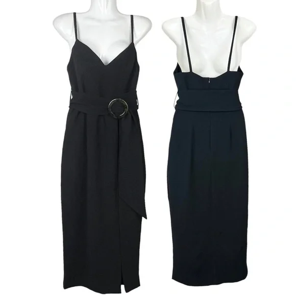 Shona Joy Andrea Fitted Cocktail Dress Black Belt Waist Midi Slit Size S 8 - Picture 5 of 11